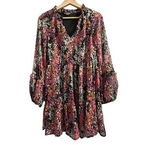 Vince Camuto Womens Black Floral Tiered Chiffon Long Sleeve Ruffle Dress‎ XS